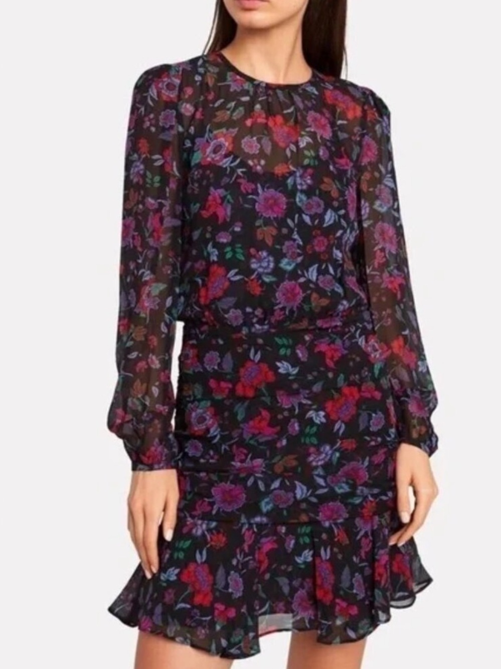 Veronica Beard Black Floral Long-Sleeve Chiffon Dress